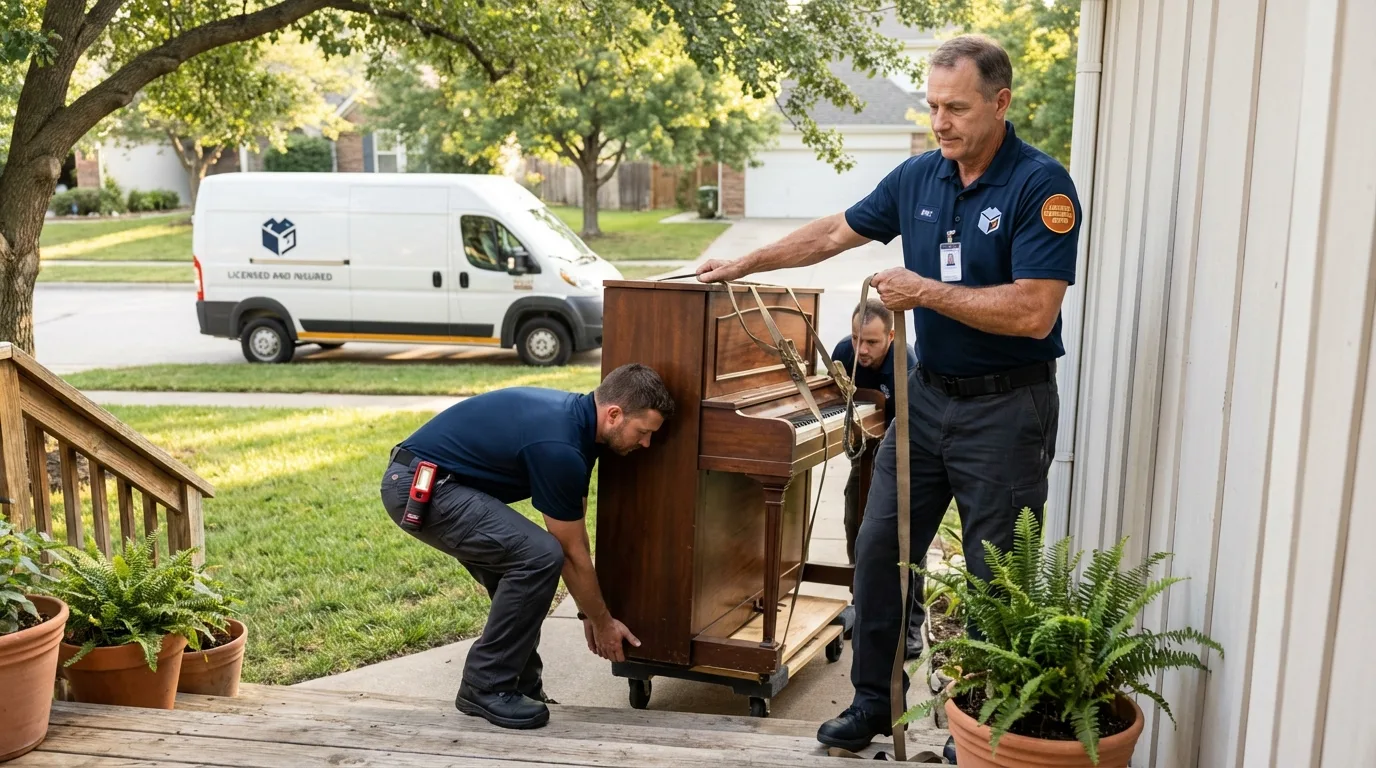 Licensed piano movers securing grand piano in Clifton, IL